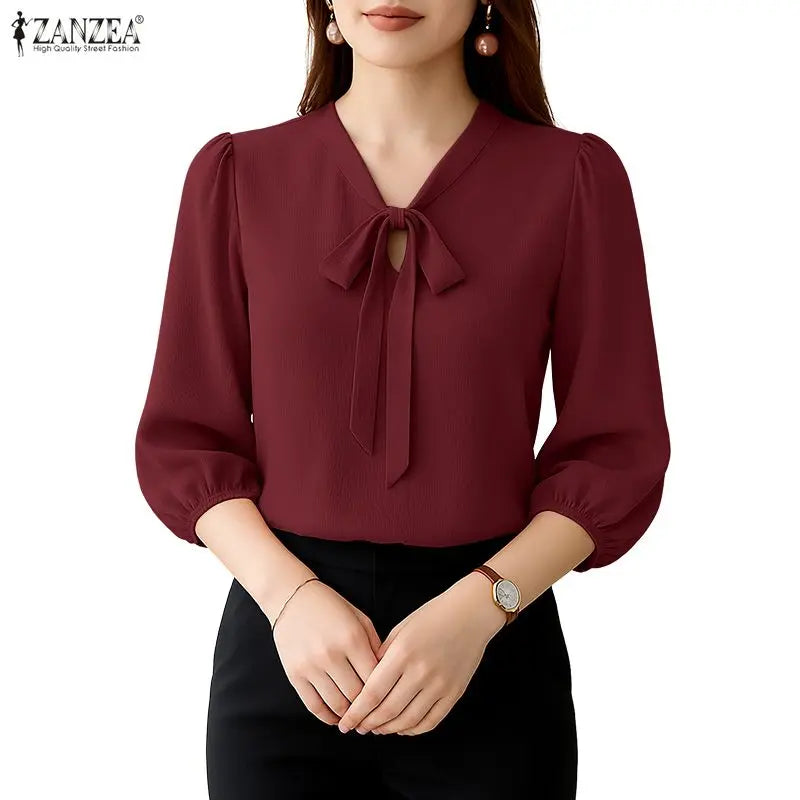 Crinkled Bow Tie Neck Puff Sleeve Blouse for Women