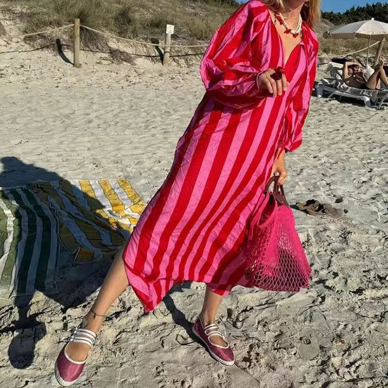 Elegant Striped V Neck Long Sleeve Maxi Dress for Women