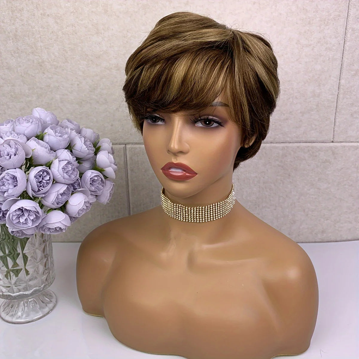 Pixie Cut Wig With Bangs Short Straight Mixed Color Remy Brazilian Human Hair Full Machine Made wig