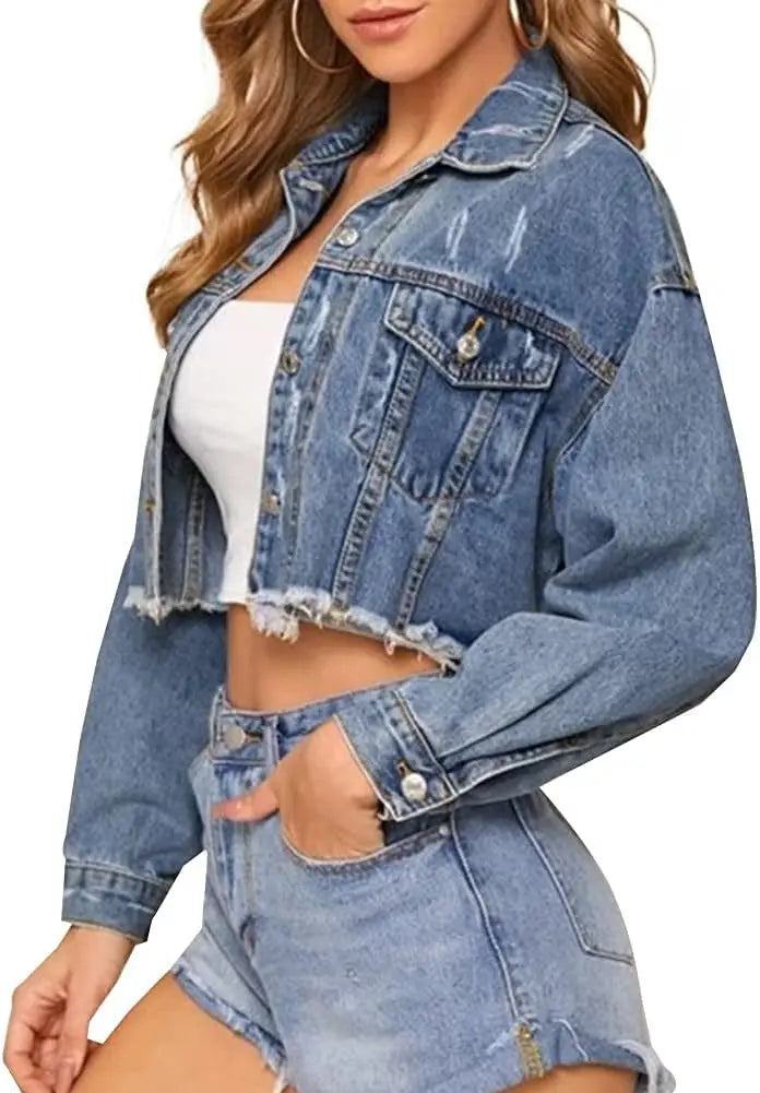 Vintage Distressed Denim Jacket With Turn Down Collar for Women