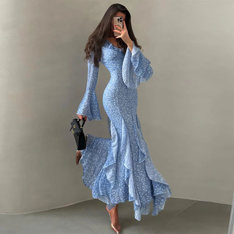 Printed V Neck Ruffle Sleeve Mid Calf Dress for Women