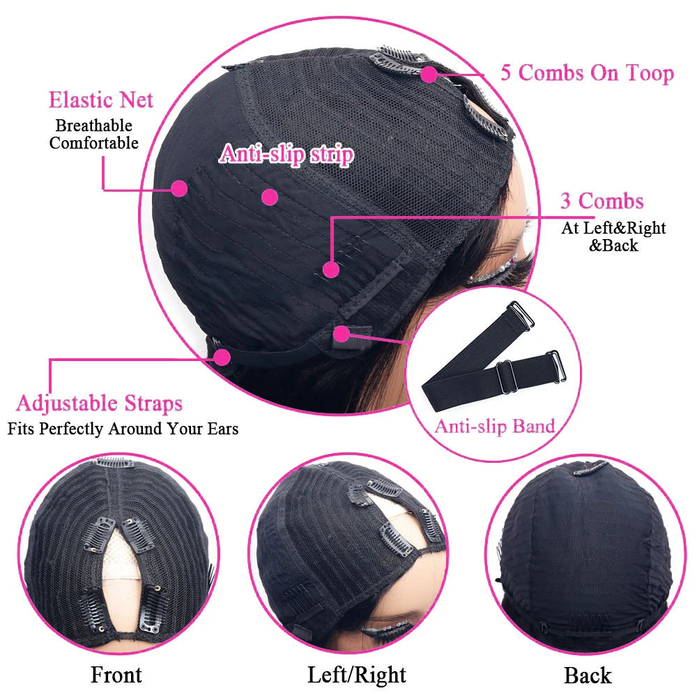 Seamless Kinky Straight V Part Glueless Human Hair Wig For Women