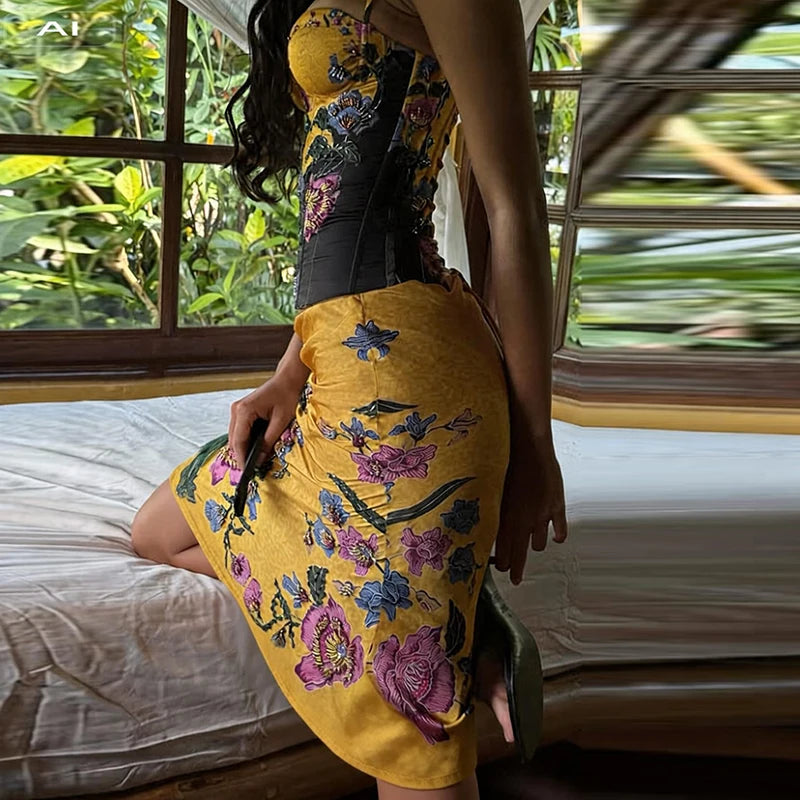 Floral Backless Lace Up Top And Skirt Set for Women