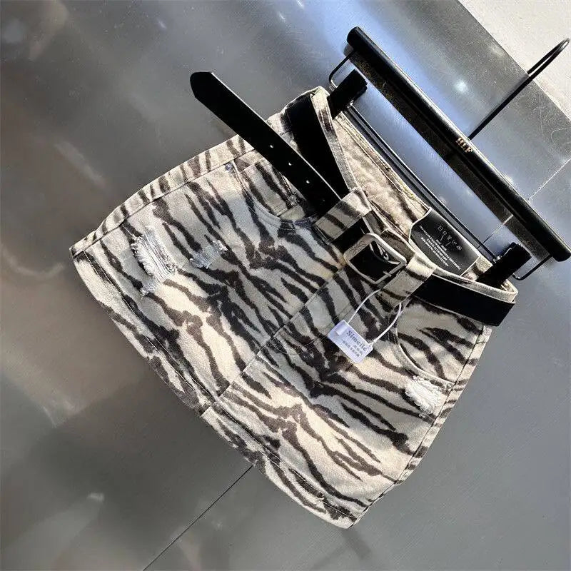 Retro High Waist Zebra Print Denim Mini Skirt For Women