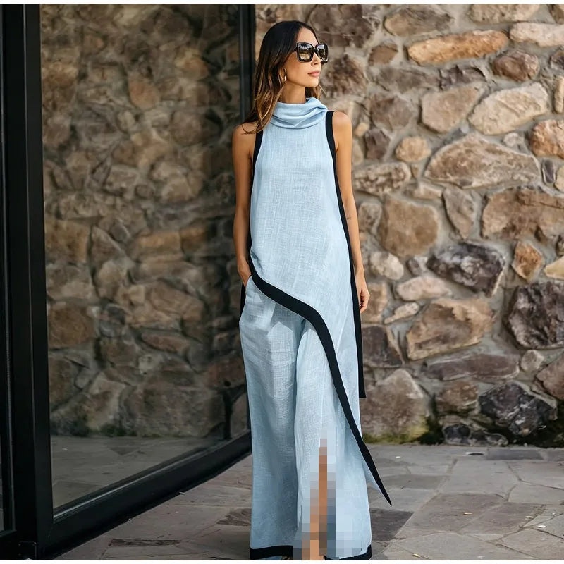 Casual Solid Blouse and Wide Leg Trousers for Women