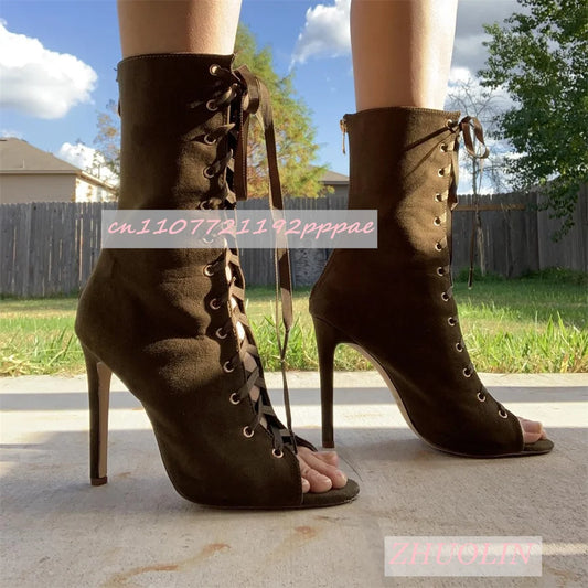 Side Zipper Suede Open Toe Boots