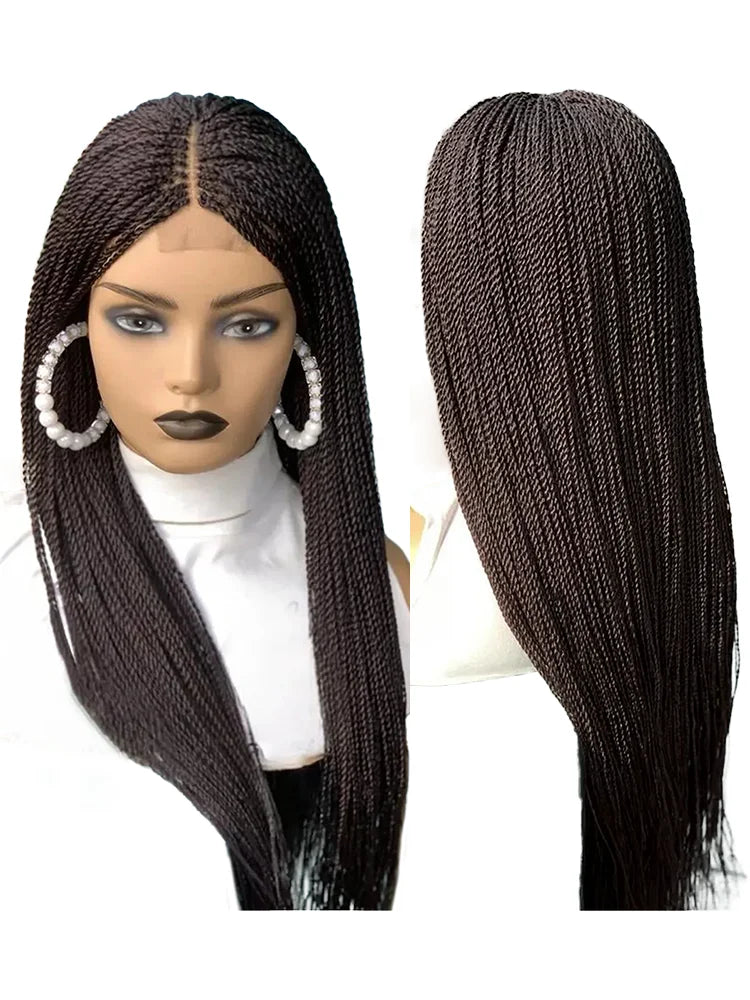 28inch Chestnut Brown Micro Twist Color Mix Wig with 5x5 HD Lace Closure Glueless Natural Look Braiding Lace Wig for Women