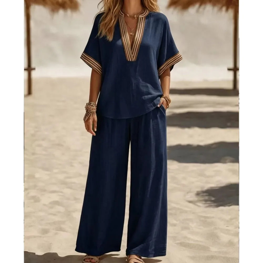 Striped V Neck Short Sleeve Two Piece Set for Women