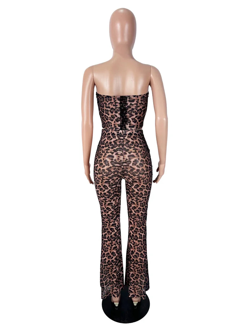 Leopard Sheer Club Outfit Strapless Top Two Piece Set for Women