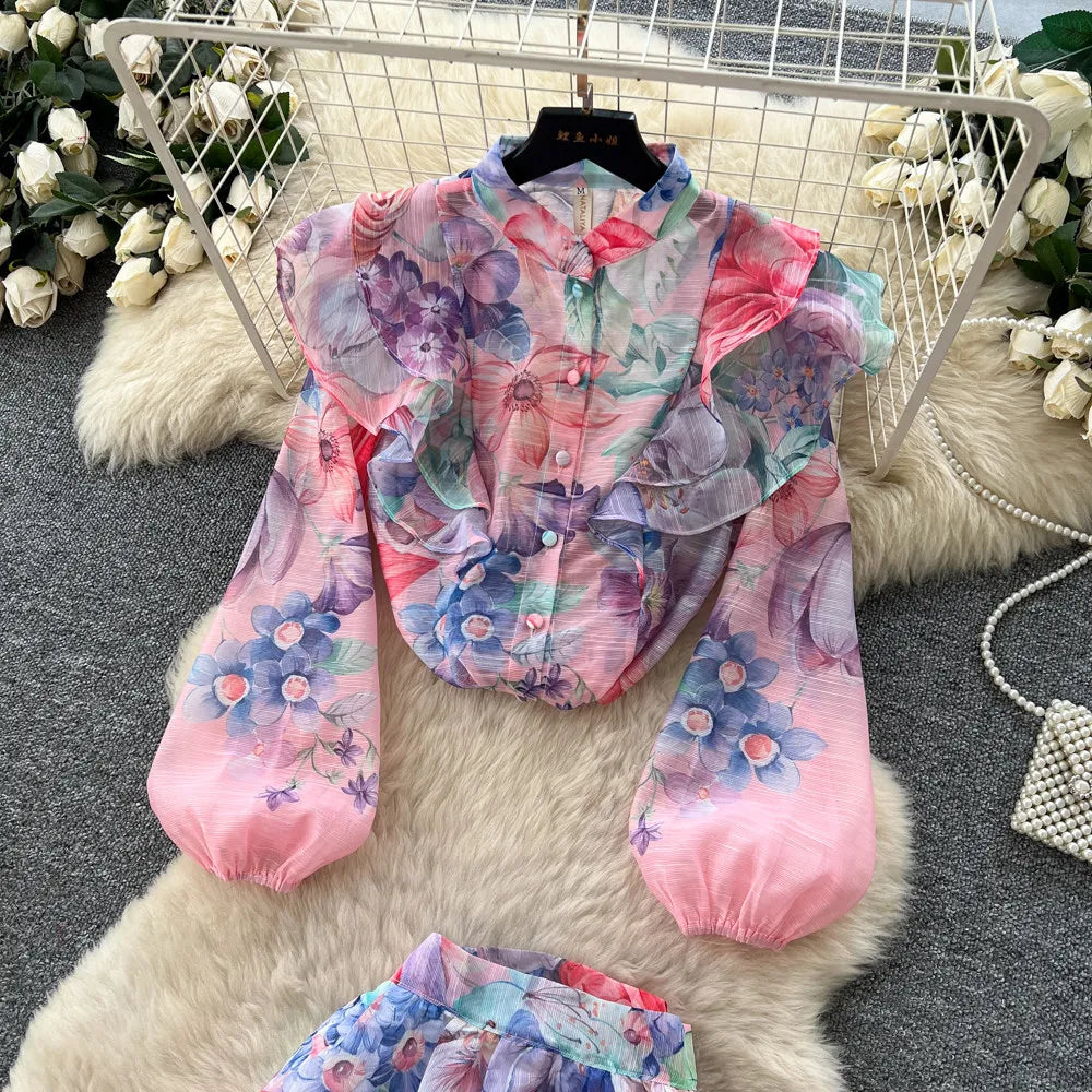 Floral Two Piece Skirt Set With Long Sleeves for Women