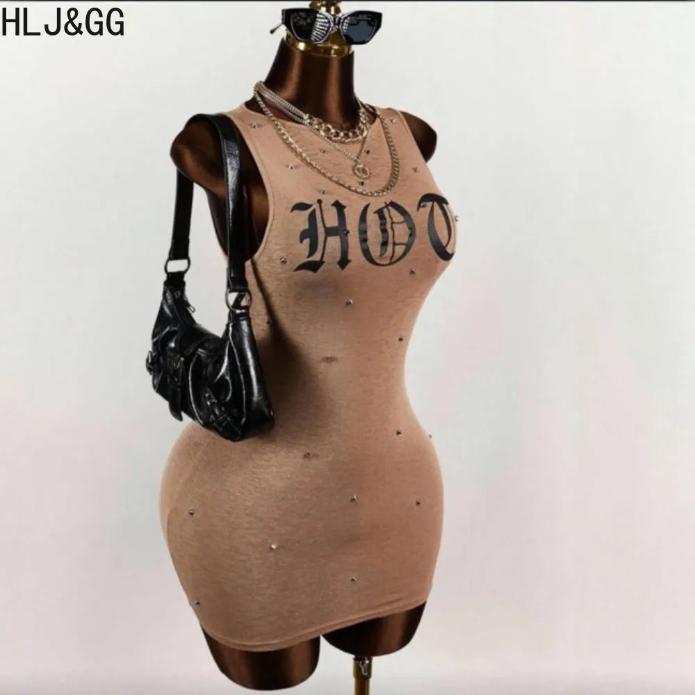 Letter Print Sleeveless Rivet Bodycon Mini Dress for Women