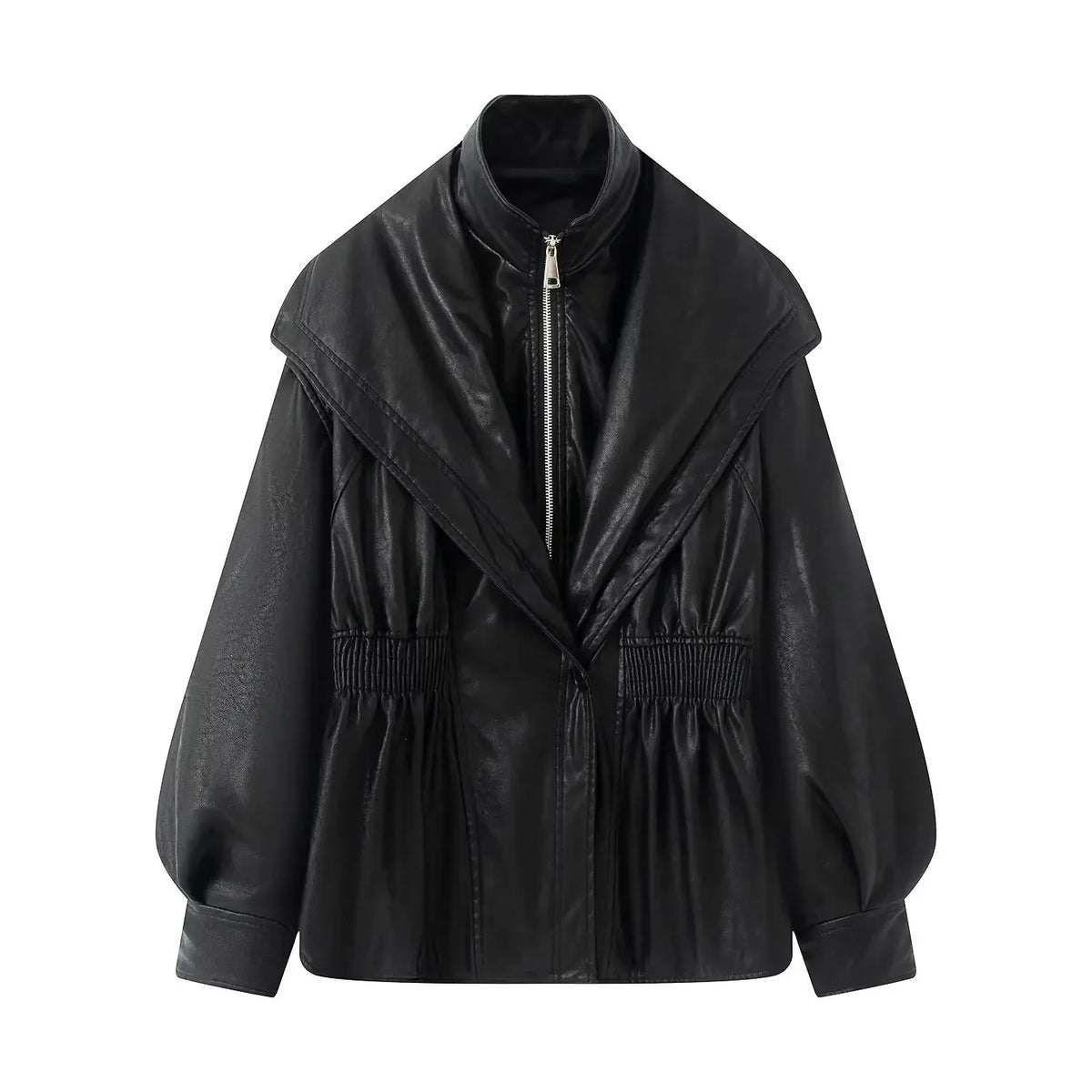Cropped Oversized Black Leather Bomber Jacket for Women