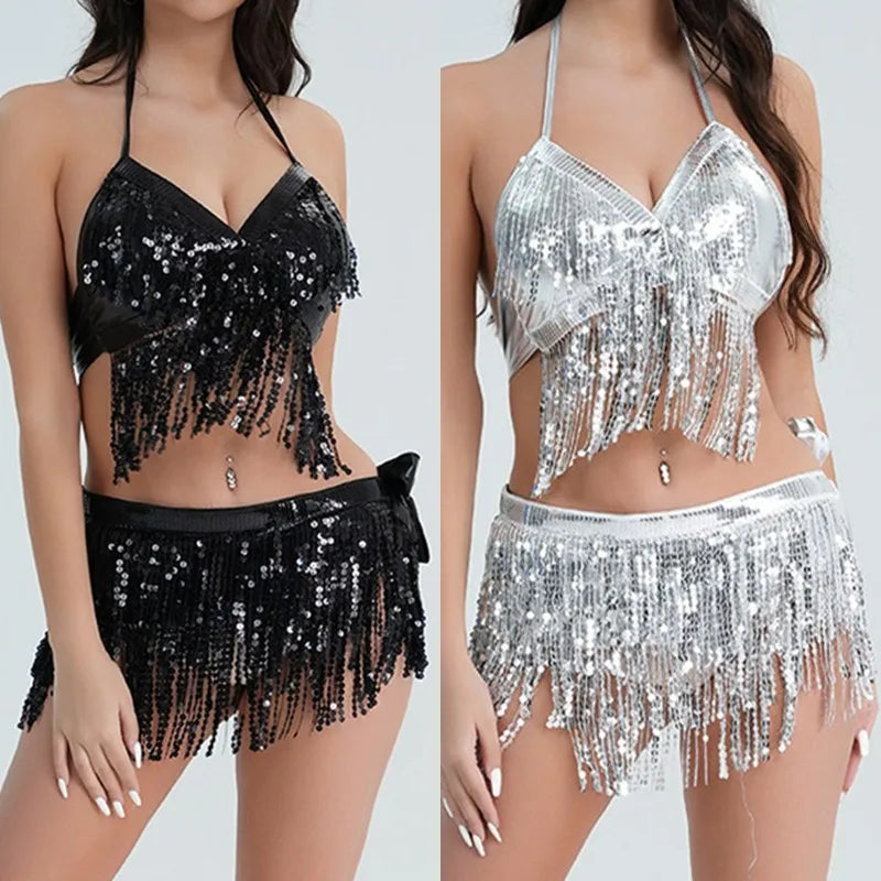Sequined Tassel Latin Dance Crop Top and Skirt Set for Women