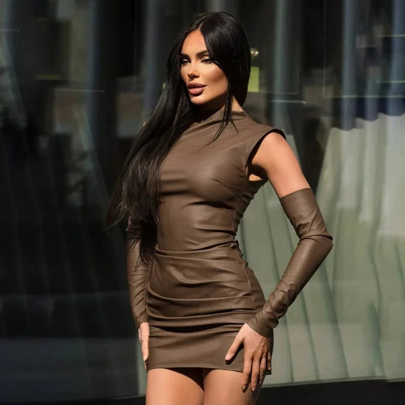 White PU Leather Bodycon Mini Dress for Women Elegant Sexy Turtleneck Sleeveless Party Dresses Spring Fashion Casual Dress 2025