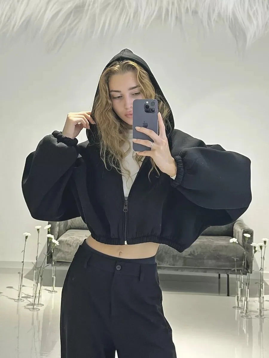 Cropped Zipper Hooded Sweatshirt Jacket With Long Sleeves for Women