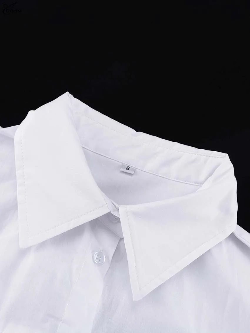 Oymimi Elegant White Lapel Women's Dress Fashion Three Quarter Sleeve Pockets Dresses Casual Button Pleated Ankle-Length Dresses