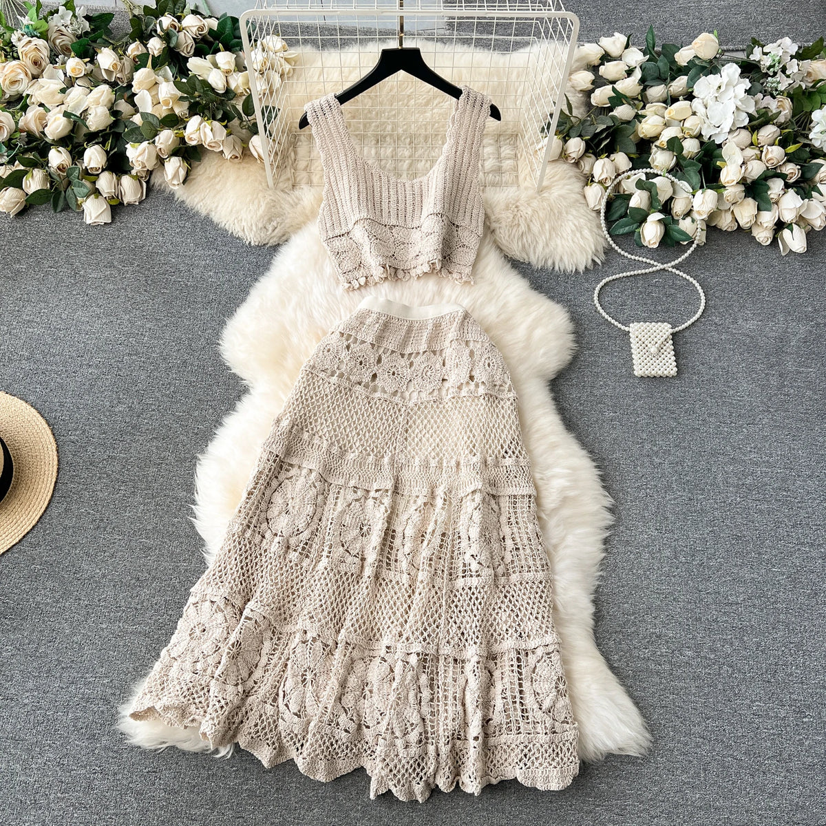 Bohemian Knit Tassel Crop Top and Skirt Set for Women