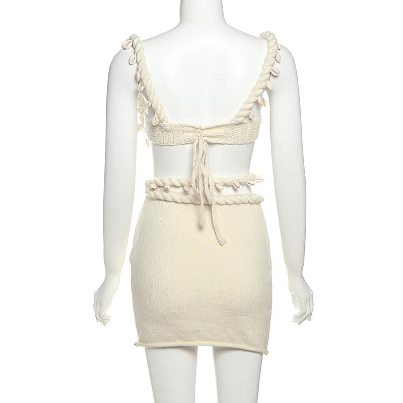 FAGADOER Sexy Knit 2 Piece Sets Woman Outfit Strap Low Neck Camis+Slash Waist Mini Skirts Suits Female Hipster Beach Clothing