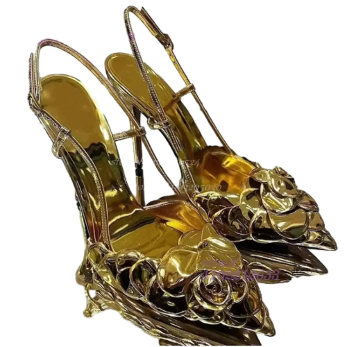 Elegant Metallic Gold Floral Applique Slim Heel Pump For Women