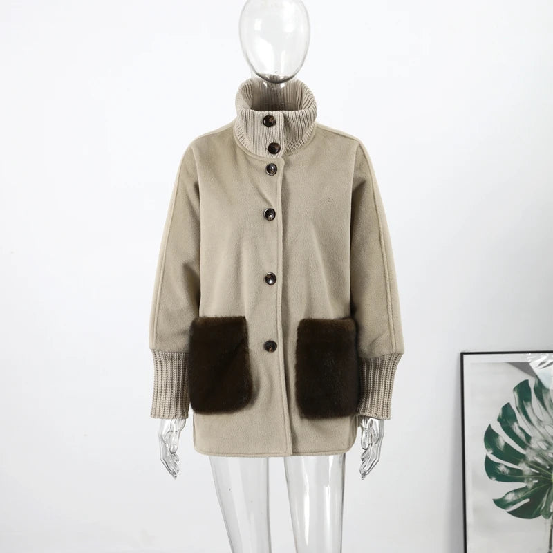 Loose Knit Fur Standup Collar Long Sleeve Pocket Cardigan for Women