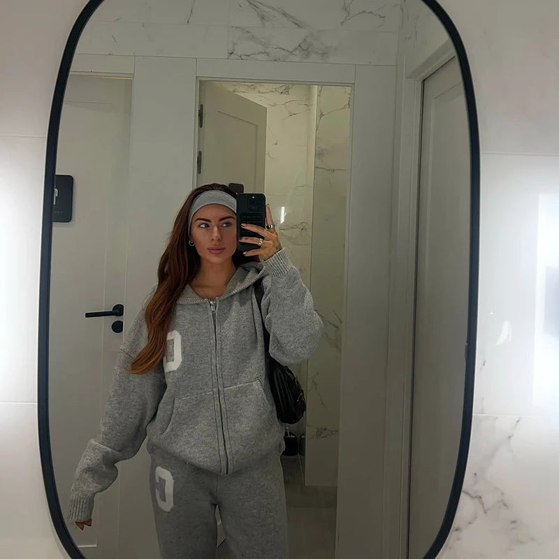 Letter Print Hooded Two Piece Set With Wide Leg Pants for Women