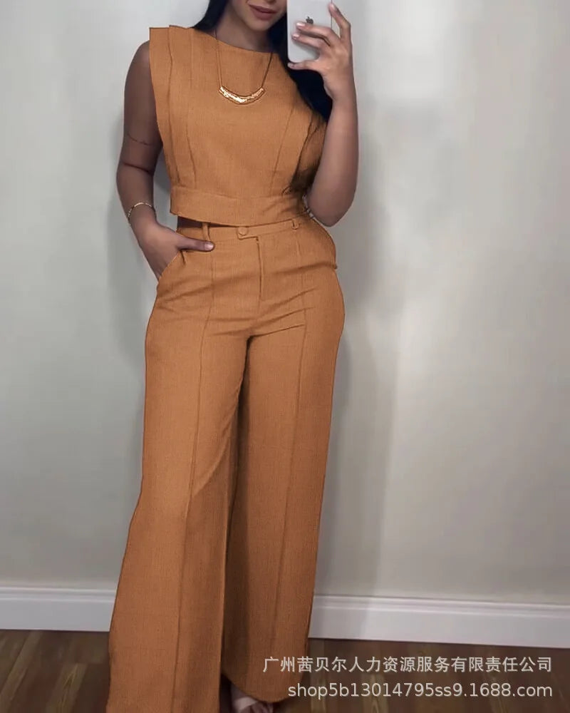 Two Piece Sets Women Pant Set Matching Sets Vest Short Tops High Waist Wide Leg Long Pants Casual Work Elegant Y2k Streetwear