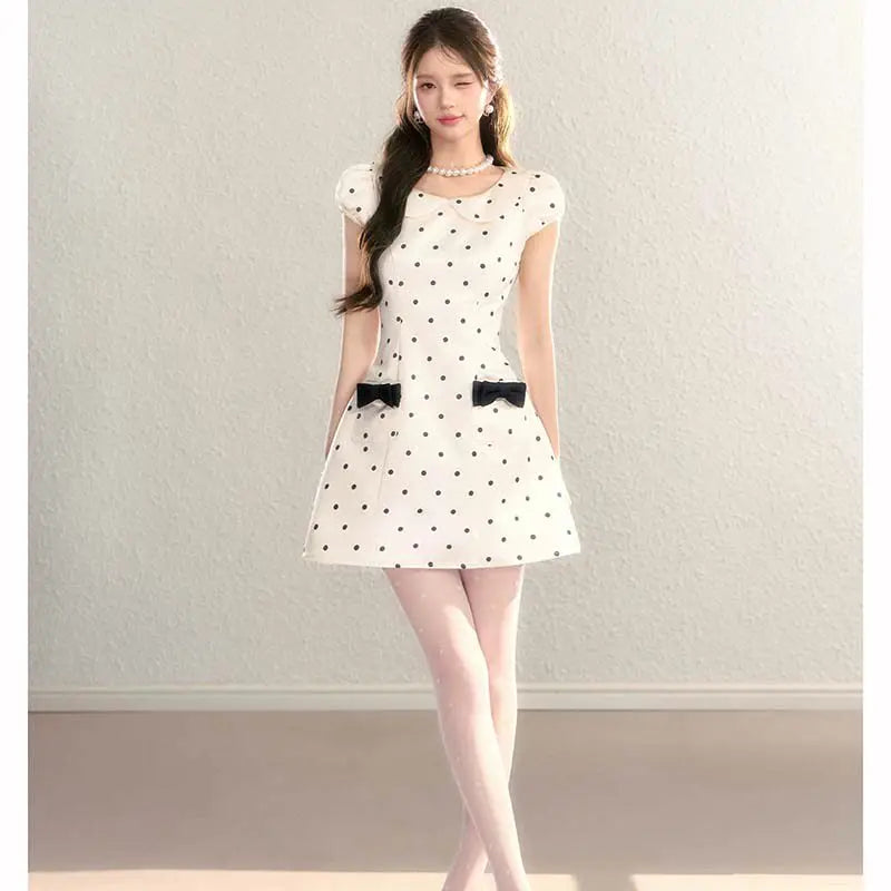 French Polka Dot Doll Collar A Line Bow Dress For Women