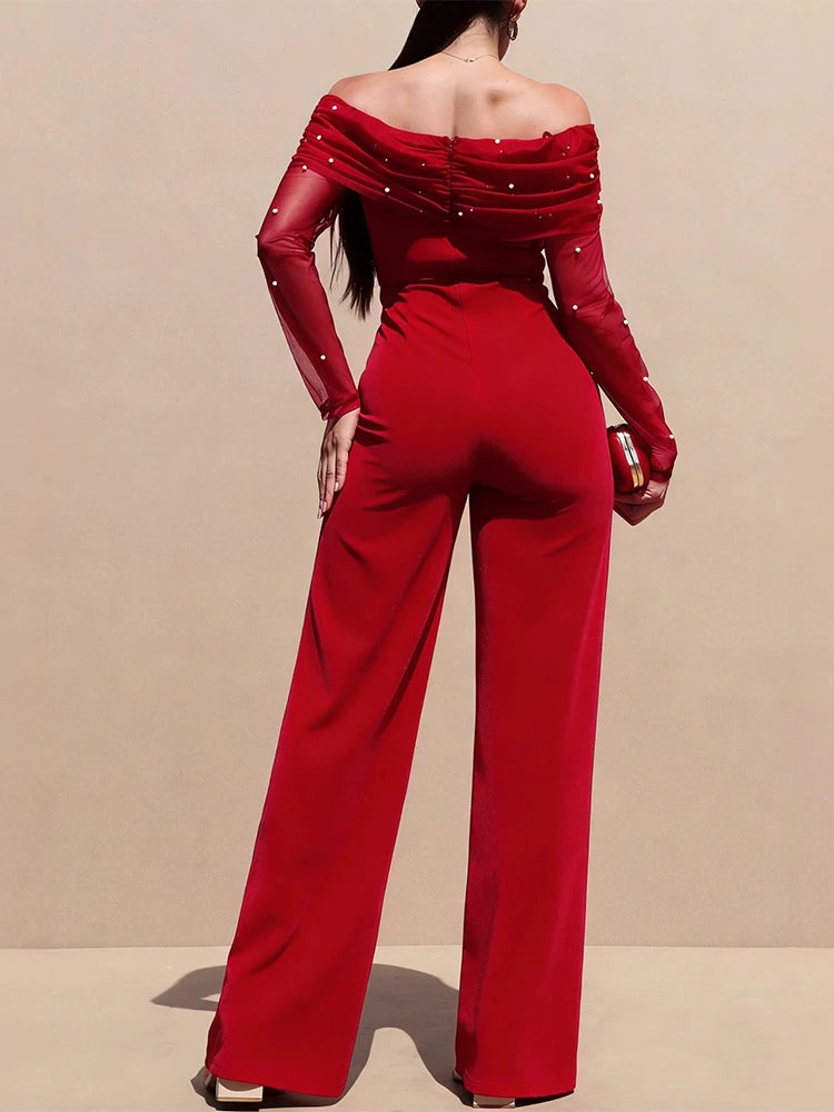 Off Shoulder High Waisted Mesh Panel Jumpsuit for Women