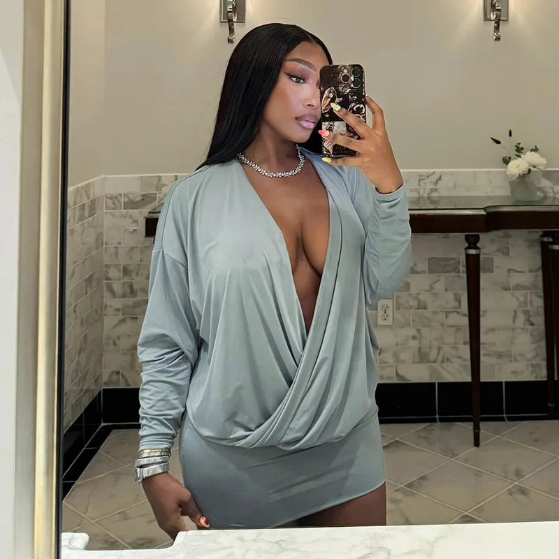 Solid Color Long-Sleeved V-Neck Mini Dress for Women