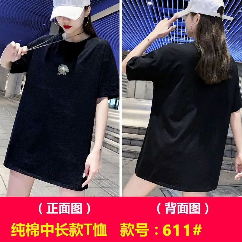 Fashion Women's T-shirt For Summer Short Sleeve Pulovers Midi Loose Clothes Casual Graphic Aesthetic Cotton Tops Korean T Shirt