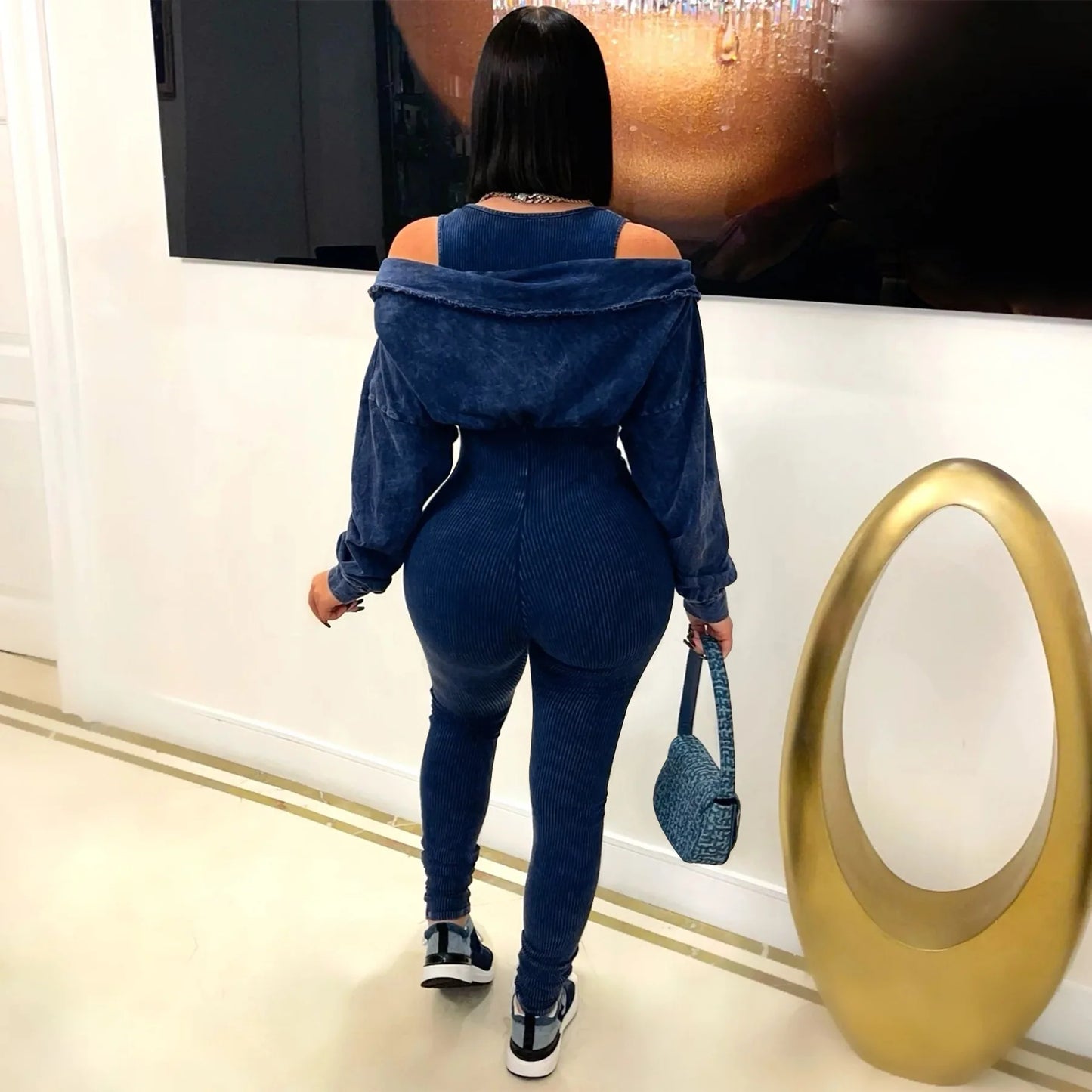 CM.YAYA Fashion Women Knit Ribbed Long Sleeve Moto Biker Jumpsuits Strap Autumn Washed Streetwear Slim One Piece Suit Romper