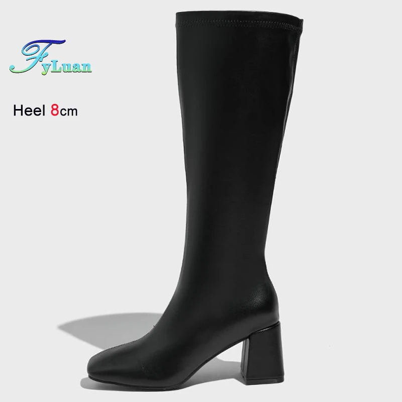 Black Square Toe Knee High Boots