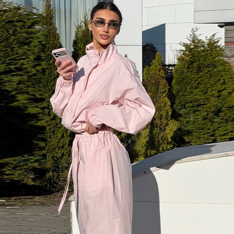 Solid Loose Suit Set with Stand Collar Crop Top and Drawstring Pants for Women