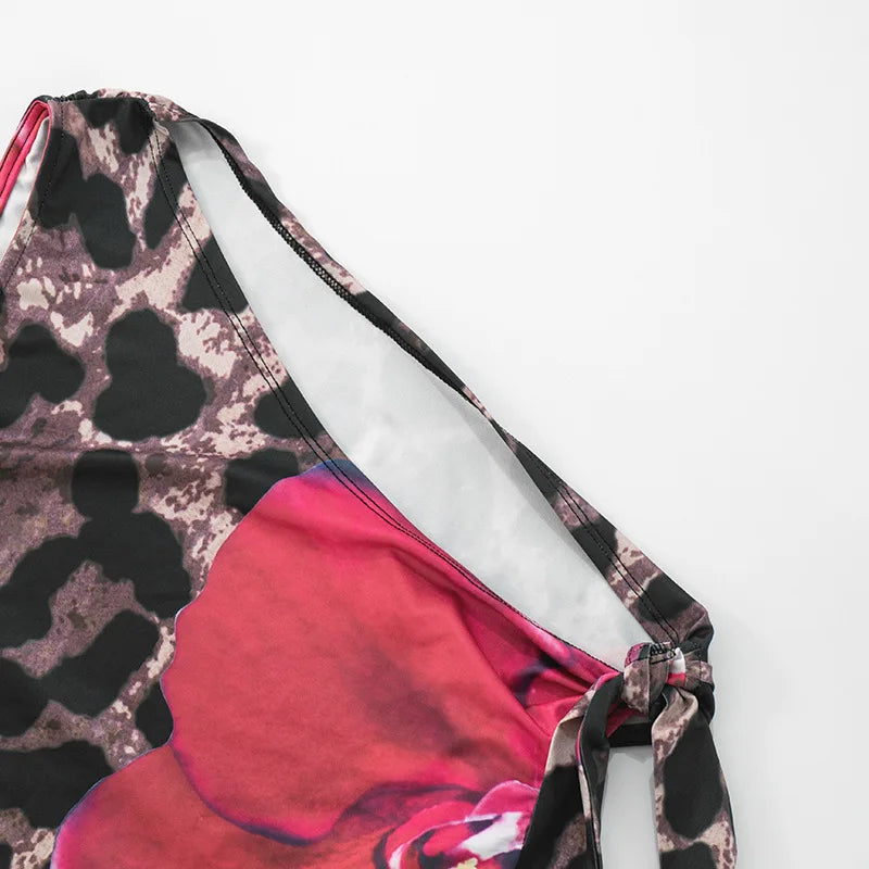 FAGADOER Sexy Leopard Floral Print Two Piece Outfits Woman Skew Collar Bandage Tank Tops + Skinny Pants Matching Streetwear New