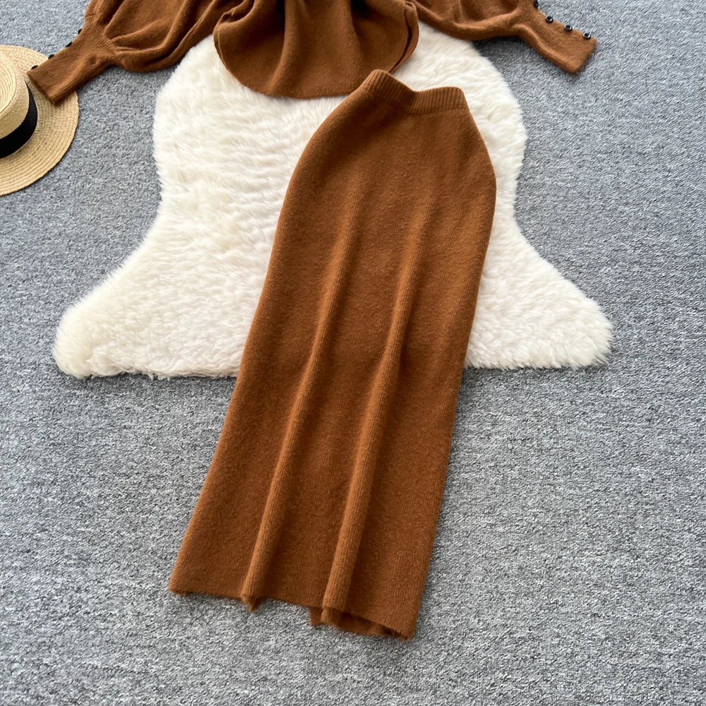Batwing Sleeve Knit Top and High Waist Skirt Set for Women