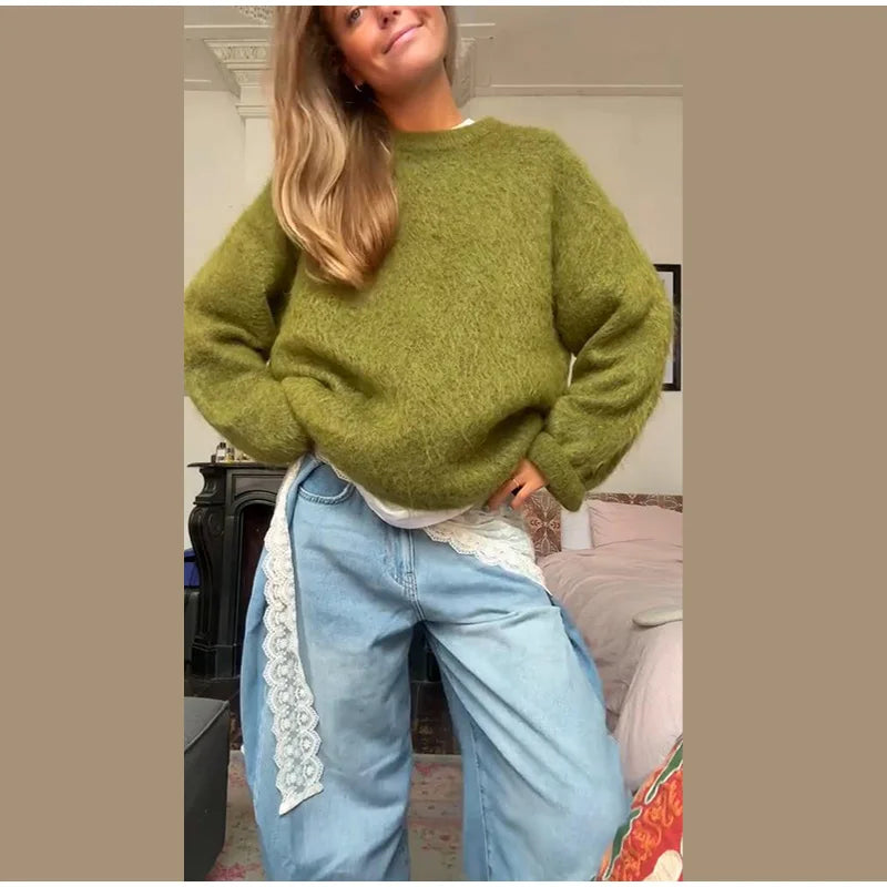 Green Women's Knit Hoodie Coat Full Sleeve Front Pocket  Casual Sweater Top 2025 Early Autumn Loose Female Knitwear Outerwear