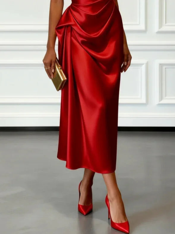 Elegant Satin Sleeveless Evening Party Midi Dress for Women