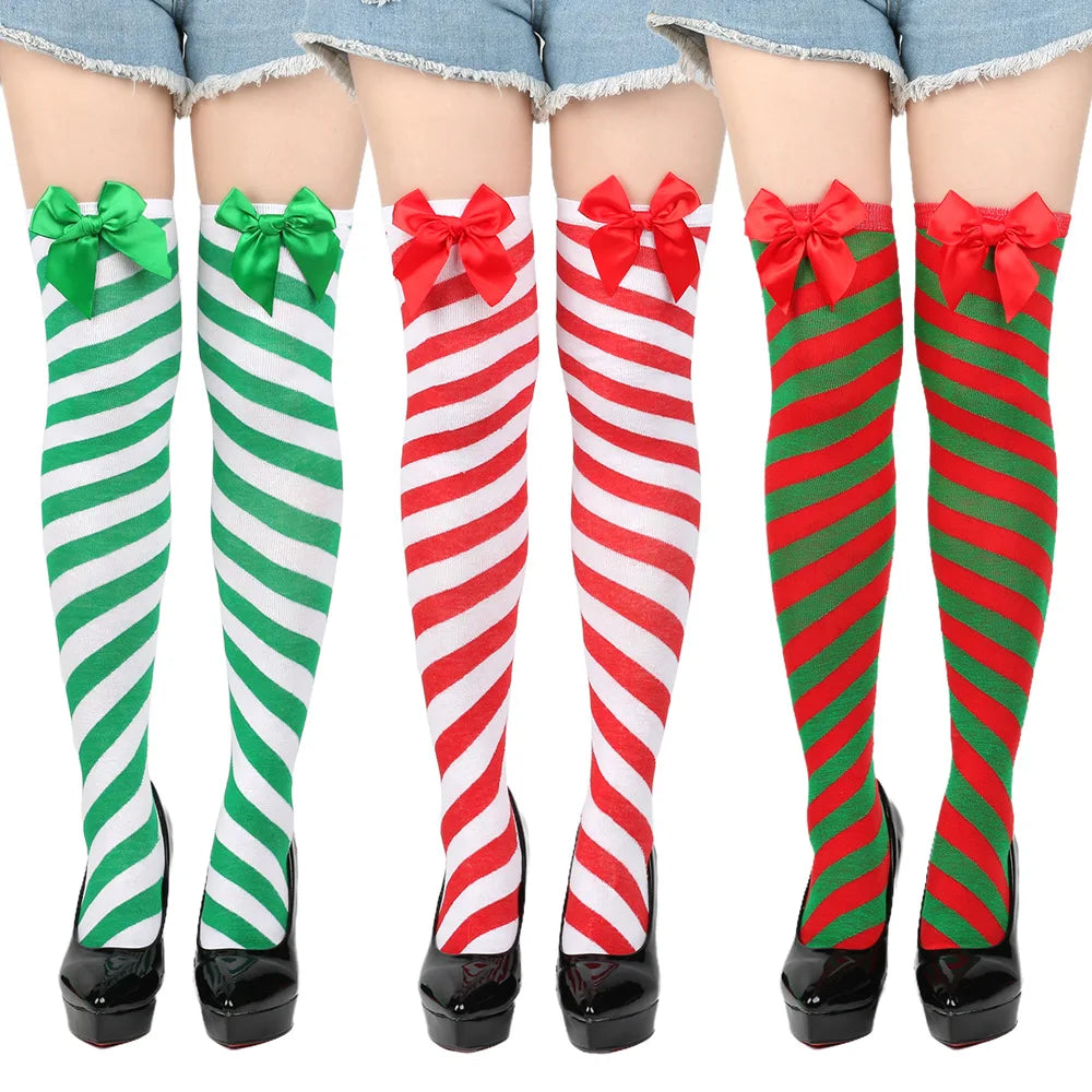 Red And Green Striped Christmas Stockings With Bows for Women
