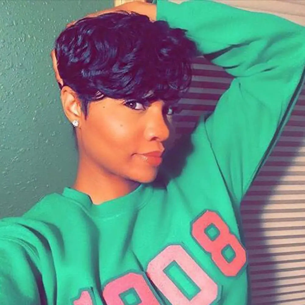 Layered Human Hair Pixie Bob Wig With Bangs for Women
