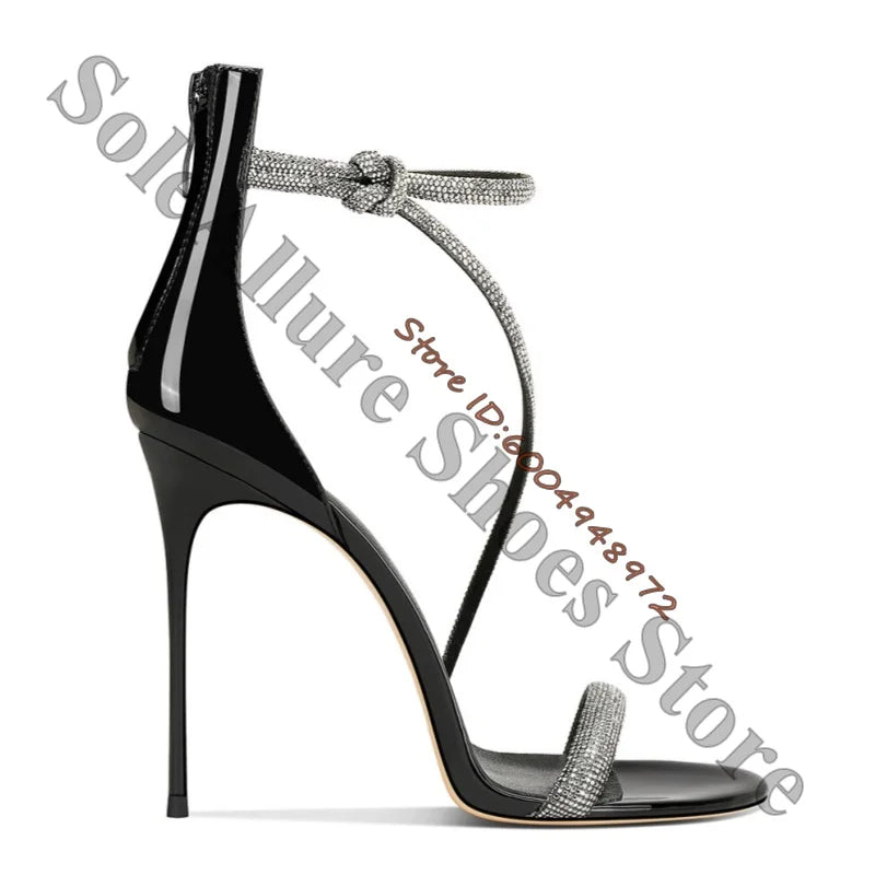 Gloss Black Patent Rhinestone Wrap Stiletto Sandals For Women