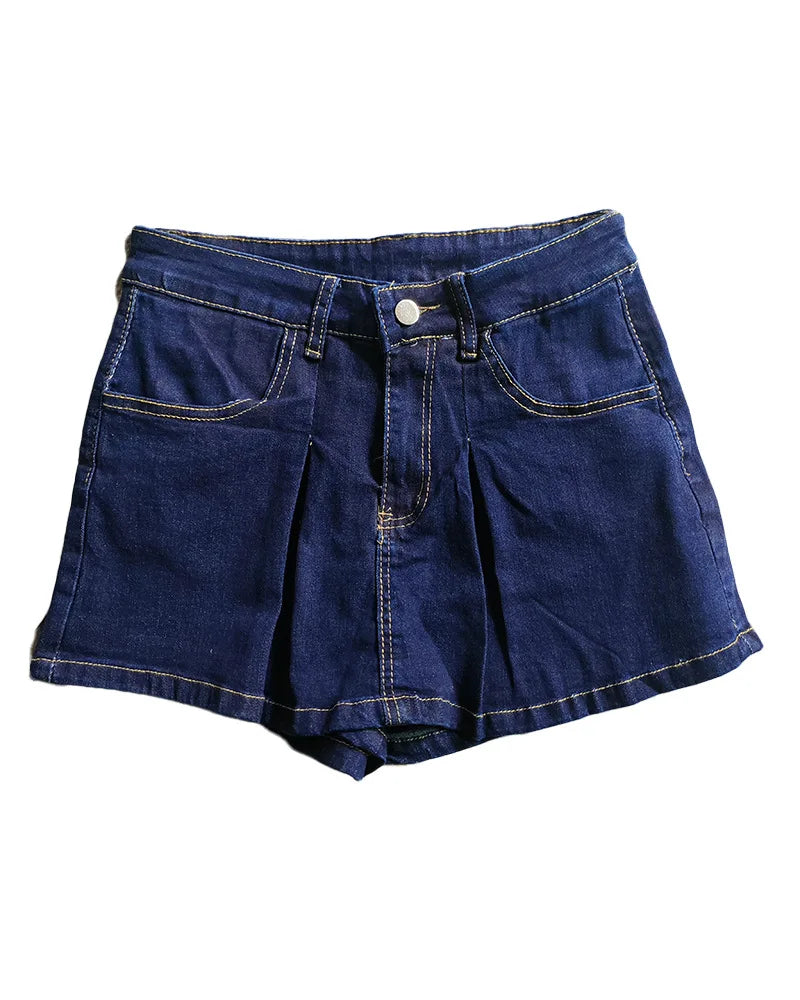 FAGADOER Y2k Denim Shorts Women Pleated Skirt Shorts Summer Stretchy Casual Shorts Retro 90s Fashion Streetwear Short Pants
