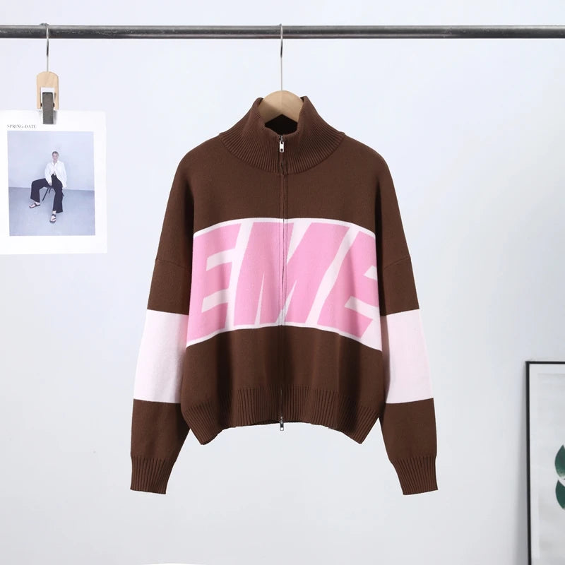 Letter Women 's Sweater Stand Collar Y2k Knit Sweaters For Woman Zipper Full Sleeve Tops Female 2025 Winter Men Jacket Knitwear
