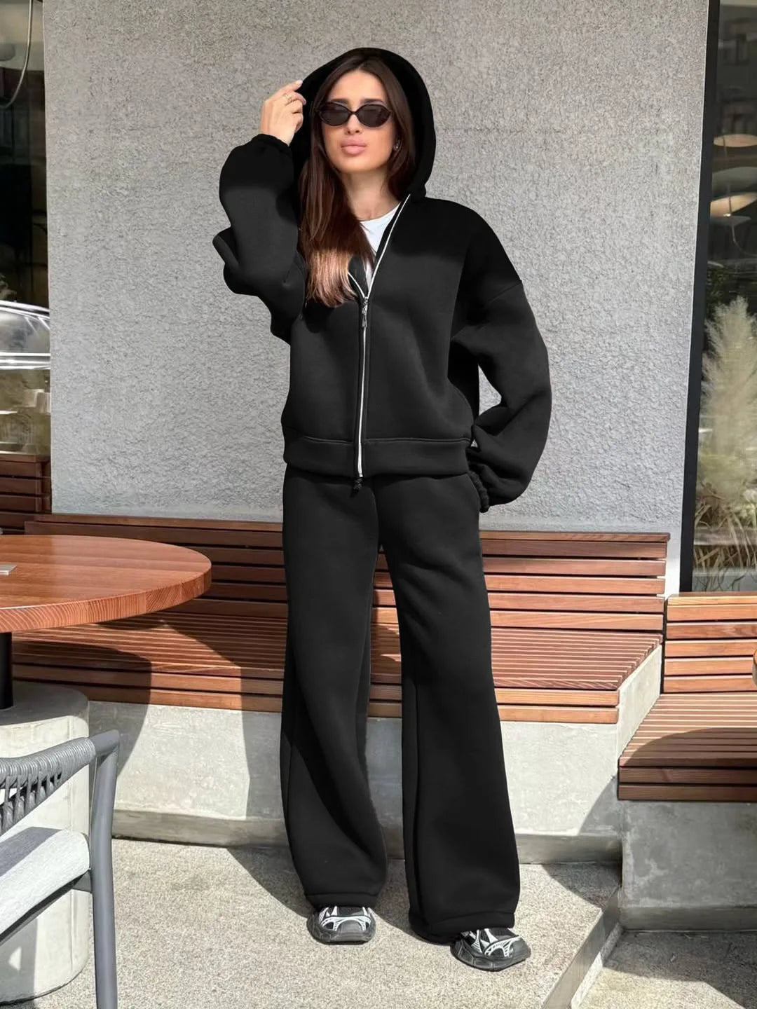 Hooded Loose Two Piece Top and Pants Set for Women