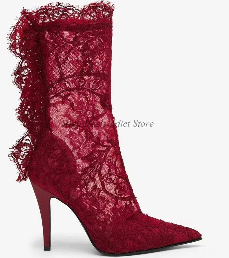 Lace Embroidered Pointed Toe High Heel Ankle Boots For Women