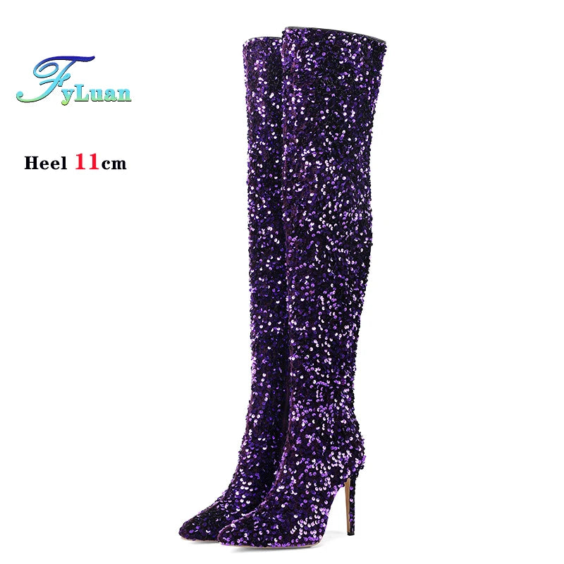 Sequin Pointed Toe Over The Knee Stiletto Boots For Women With Rear Zipper