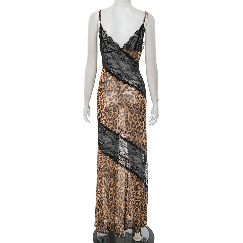 Weird Puss Mesh Patchwork Mermaid Dress Women Leopard Print Sexy Low-Neck Cleavage Backless Ruched Midnight Fashion Long Bodycon