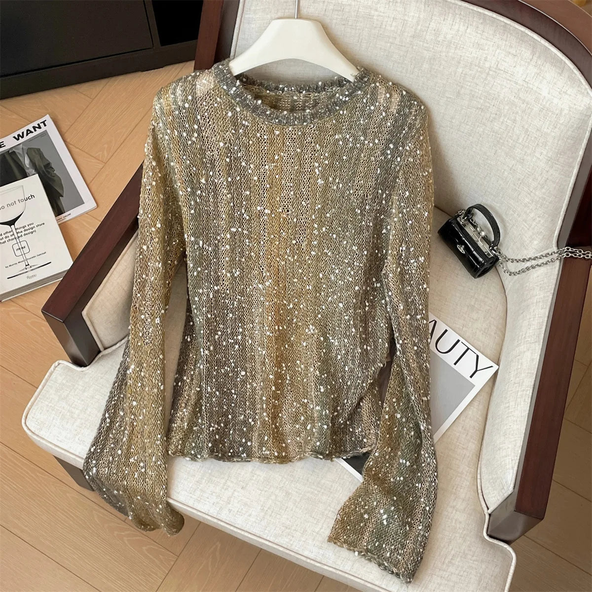 Sequin Round Neck Long Sleeve Knit Sweater for Women