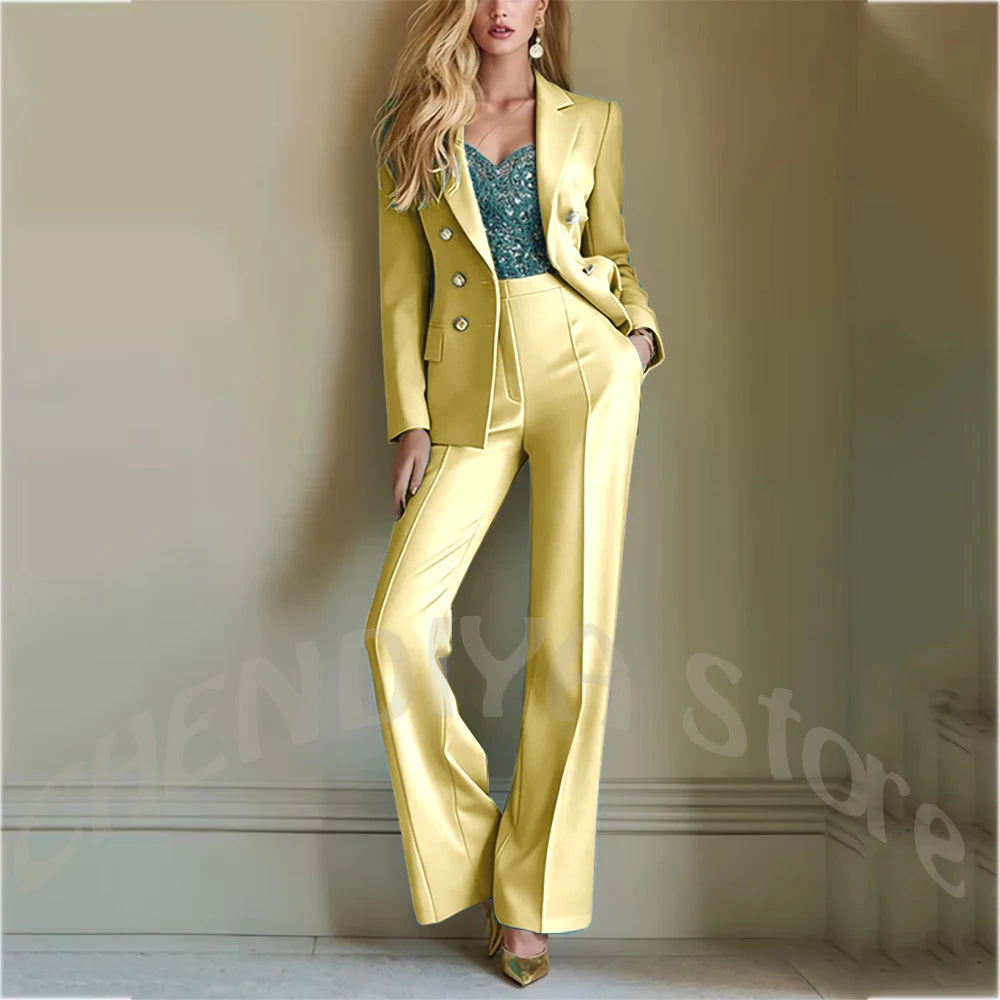 Solid Color Suit For Women High Quality Double Breasted Two Piece Notch Lapel Slim Fit Elegant Fashion Female Outfit Jacket Pant