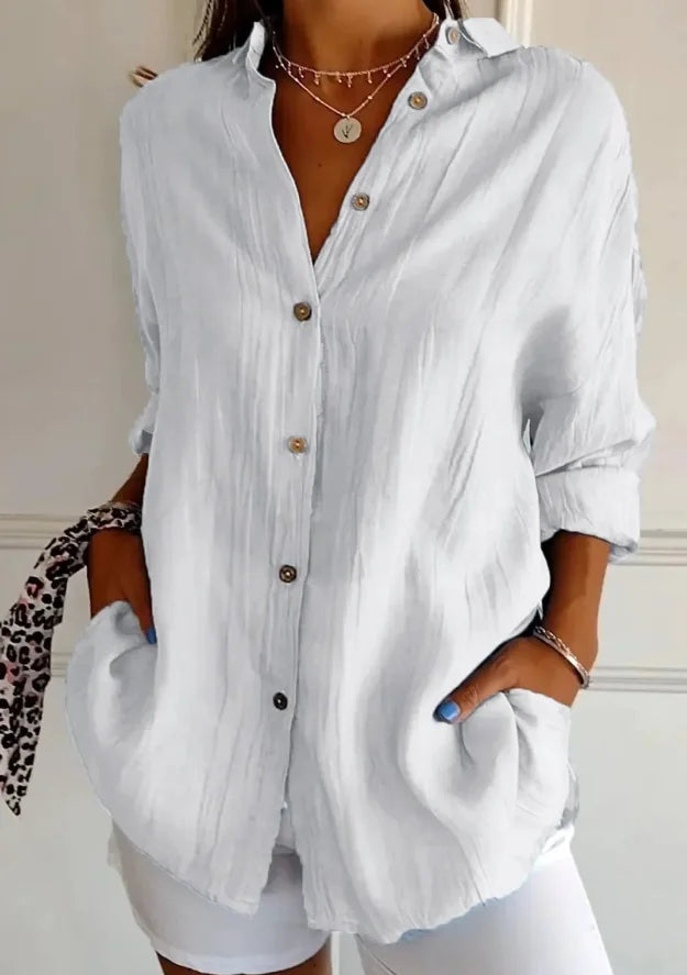 Relaxed Fit Long Sleeve Solid Color Blouse For Women