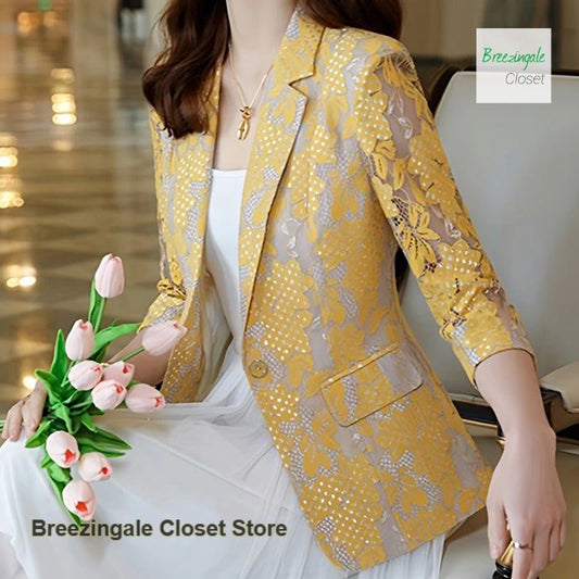 French lace openwork small suit jacket women's summer thin new fashion temperament casual slim beautiful western-style top.
